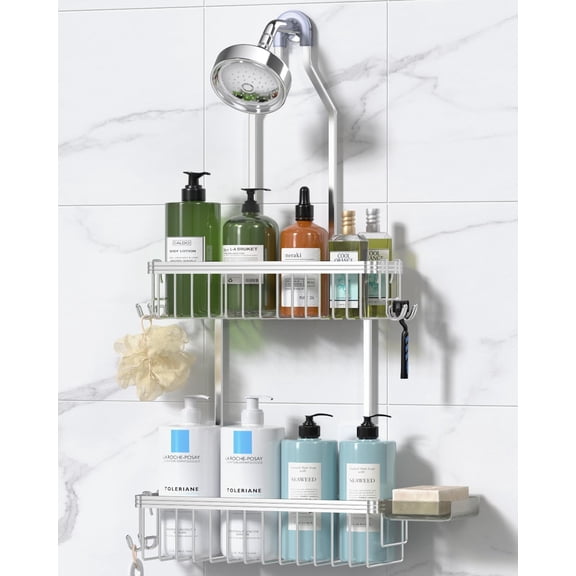 Never Rust Shower Caddy Hanging, Aluminum Shower Racks for Inside Shower, 2-Tier Shower Organizer Hanging Over Shower Head with Hooks and Soap Holder, Silver