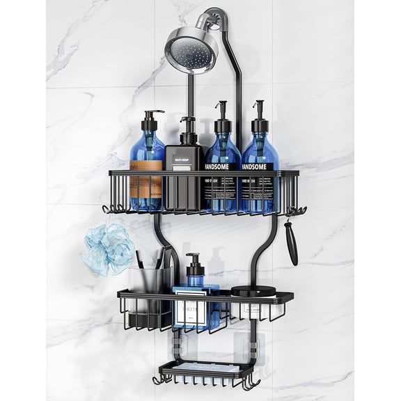 Never Rust Shower Caddy Hanging, Aluminum Shower Racks for Inside Shower, 3-Tier Shower Organizer Hanging Over Shower Head with Hooks and Soap Holder, Black