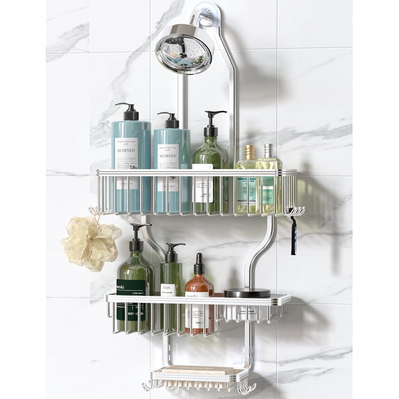Never Rust Shower Caddy Hanging, Aluminum Shower Racks for Inside Shower, 3-Tier Shower Organizer Hanging Over Shower Head with Hooks and Soap Holder, Silver