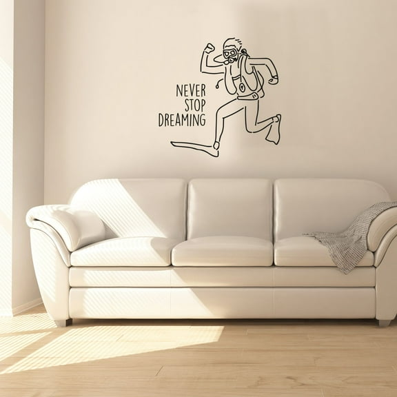 Never Stop Dreaming - Life Motivation Quuote Cute Scuba Diver Drawing Underwater Activity Vinyl Wall Art Sticker Decal Home Kids Pool Area Living Room Boys Girls Wall Decor Design Size (10x10 inch)