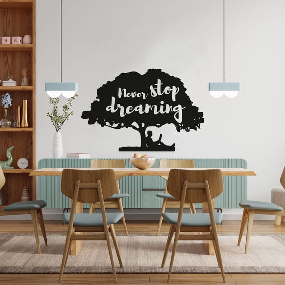 Never Stop Dreaming Life Quote Big Tree Silhouette Under The Tree Silhouette Decor Vinyl Wall Art Sticker Wall Decal Home Kids Nursery Room Study Room Boys Girls Wall Decor Design Size (8x10 inch)