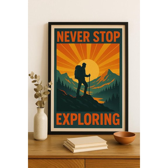 Never Stop Exploring Poster Retro Mountain Adventure Wall Art Decor 16x24 UNFRAMED