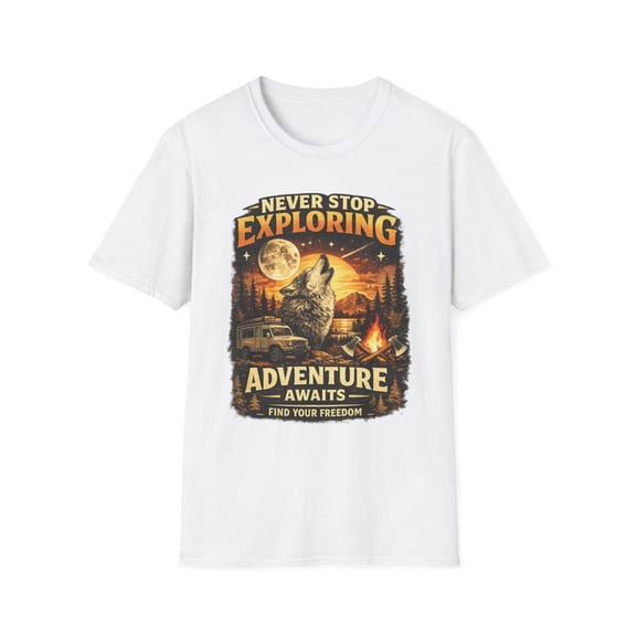 Never Stop Exploring Wolf T-Shirt, Adventure Camping Outdoor Graphic Tee, Vintage Mountain Wolf Nature Shirt, Hiking Wildlife Unisex T-Shirt