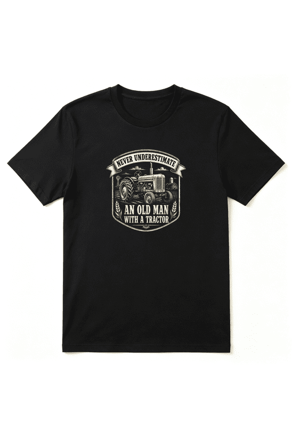 Never Underestimate An Old Man With A Tractor Vintage Graphic Tee For Men, Grandpa Outdoor Cotton Short Sleeves T-Shirt