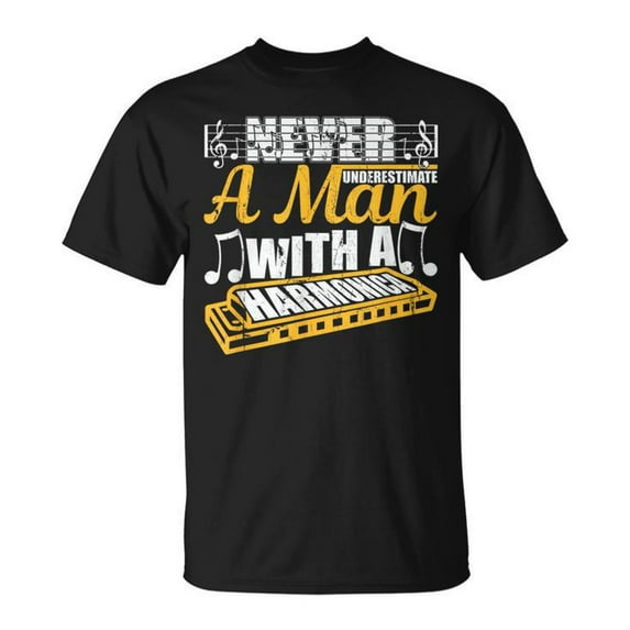 Never Underestimate a Man with a Harmonica T-Shirt – Funny Music Player Graphic Tee for Men, Vintage Harmonica Enthusiast Shirt, Great Gift for Blues and Folk Musicians,