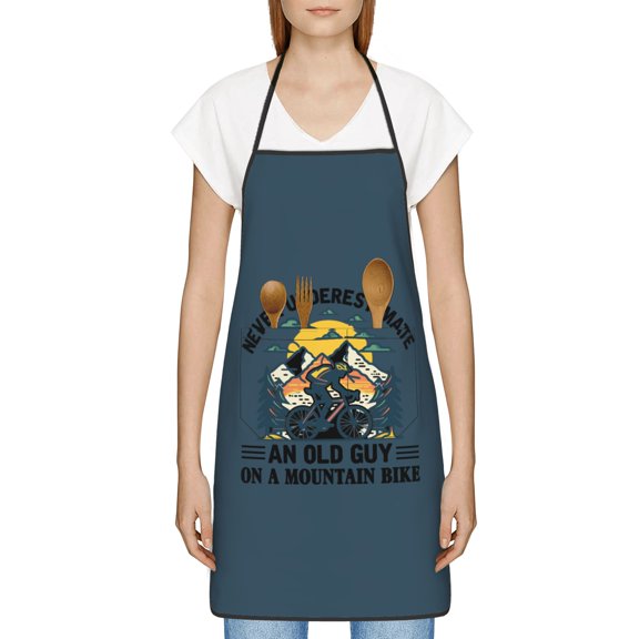 Never Underestimate an Old Guy on a Mountain Bike Apron, Inspirational Gifts for Men Women, Funny Apron, Chef Bib with Pockets, Waterproof Work Apron for BBQ Kitchen Crafting Gardening