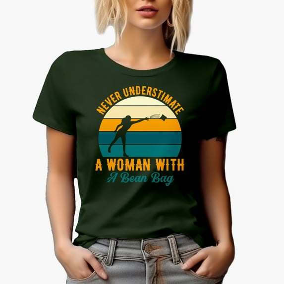 Never Underestimate a Woman with a Bean Bag, Cornhole or Bean Bag Toss Lawn Game Player Themed Gifts for Girls, Women, or Female, Military Green T-Shirt, 2XL