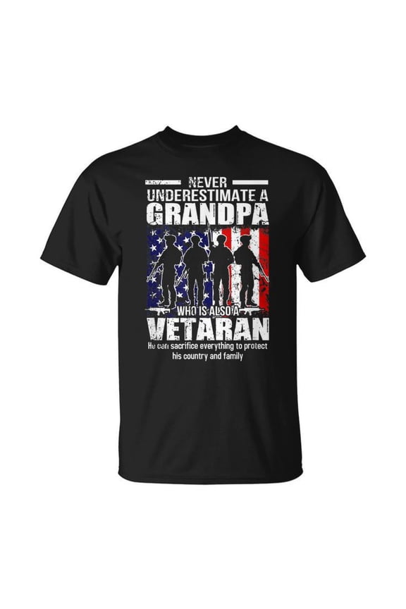 Never Underestimate a Grandpa Who Is Also a Veteran Graphic Cotton Tee Unisex Adult Casual Military Pride T-Shirt, Size 3XL, Color Black