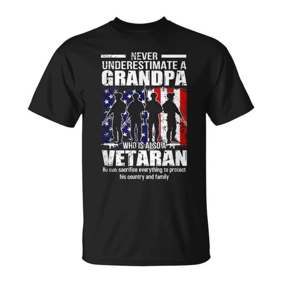 Never Underestimate a Grandpa Who Is Also a Veteran Graphic Cotton Tee Unisex Adult Casual Military Pride T-Shirt, Size M, Color Black