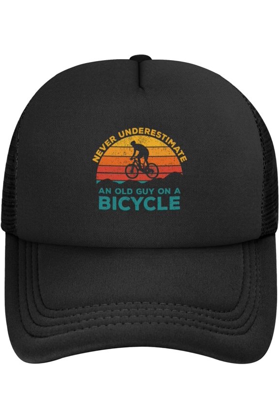 Never Underestimate an Old Guy On A Bicycle Mesh Baseball Cap Adjustable Dad Hat Trucker Hat for Women Men,Black