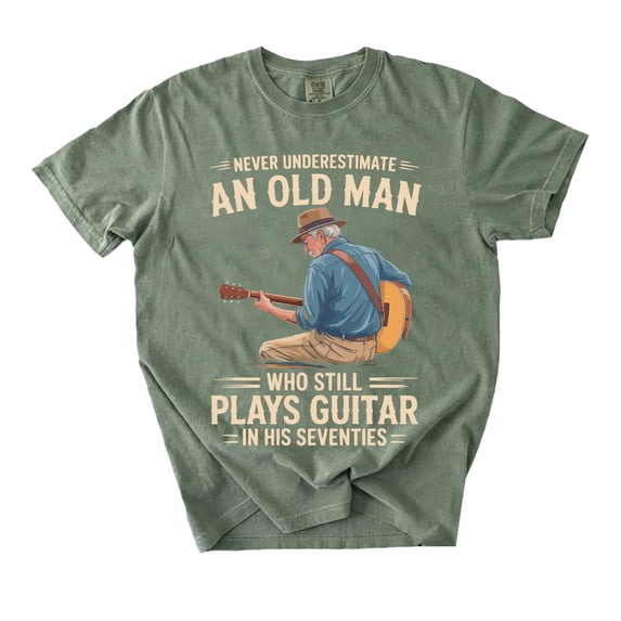 Never Underestimate an Old Man Who Plays Guitar T-Shirt, Seventies Guitar Player Tee, Vintage Musician Gift, 70th Birthday Shirt