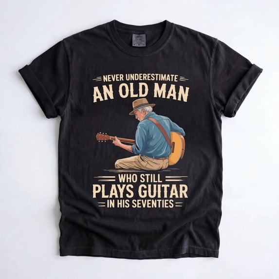 Never Underestimate an Old Man Who Plays Guitar T-Shirt, Seventies Guitar Player Tee, Vintage Musician Gift, 70th Birthday Shirt