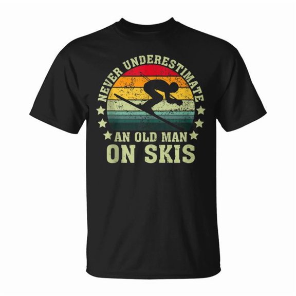 Never Underestimate an Old Man on Skis Skiing Skier Graphic Cotton Tee Unisex Adult Casual Winter Sports T-Shirt, Size 5XL, Color Black