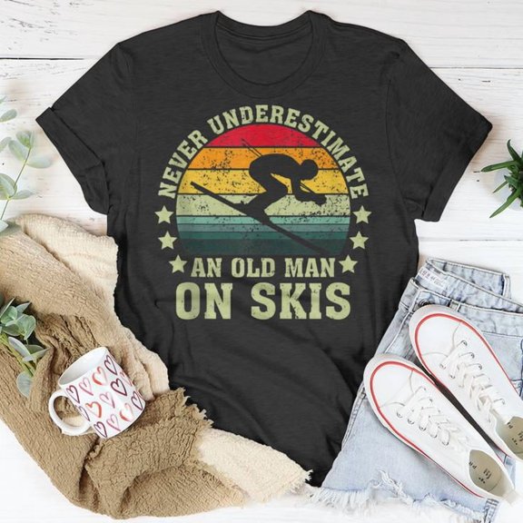 Never Underestimate an Old Man on Skis Skiing Skier Graphic Cotton Tee Unisex Adult Casual Winter Sports T-Shirt, Size S, Color Black