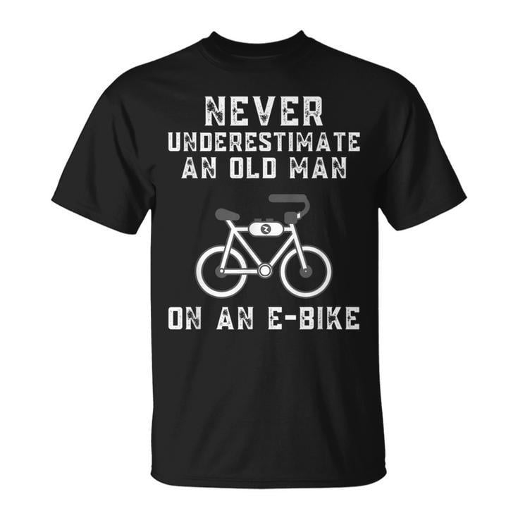 Never Underestimate an Old Man on an E-Bike Graphic Cotton Tee Unisex Adult Casual Electric Bicycle Rider T-Shirt, Size 5XL, Color Black