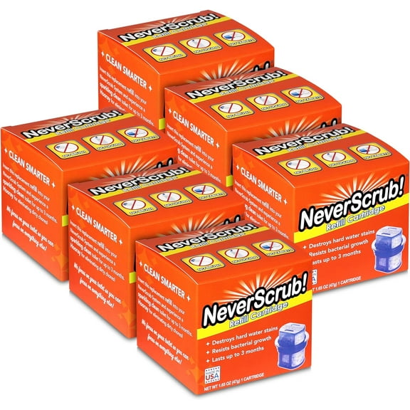 NeverScrub Self Cleaning Toilet System Replacement Cartridge, 1.65 oz, Lasts Up To 3-5 Months Continuous Toilet Bowl Cleaning - 6 Pack