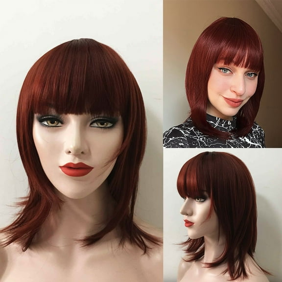 Nevermindyrhead Auburn Dark Red Wig,16 Inches Medium Length Straight Layered Wigs with Fringe Bangs, Synthetic Heat Resistant Wigs for Women, Daily, Party