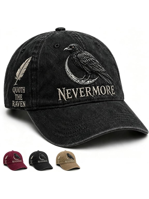 Nevermore Raven Vintage Cap Gothic Bird Lover Hat, Gothic Raven Baseball Cap with Crescent Moon, Unisex Adjustable Hat