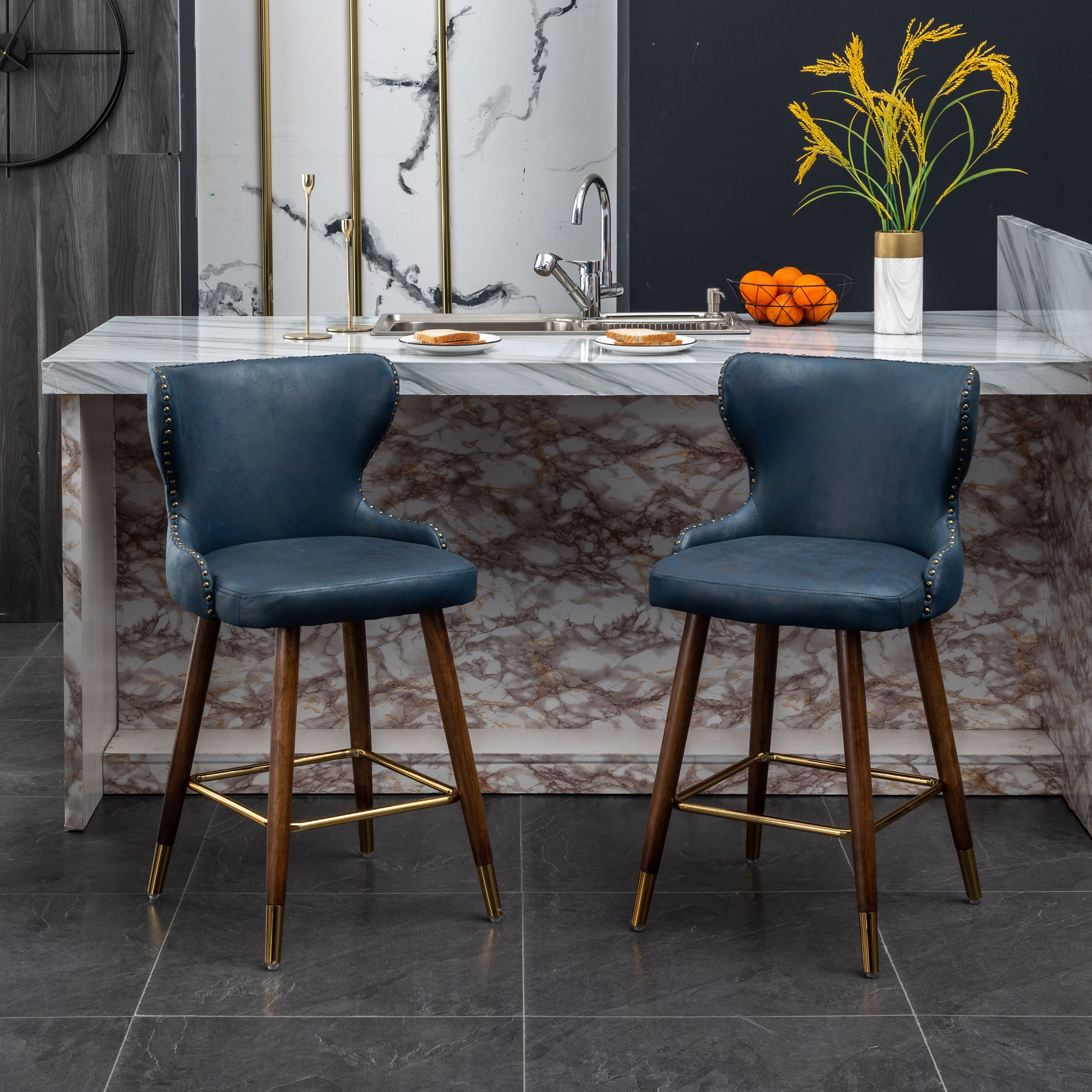 Nevis Blue Faux Leather Tufted Counter Stools with Walnut Legs, Set of 2
