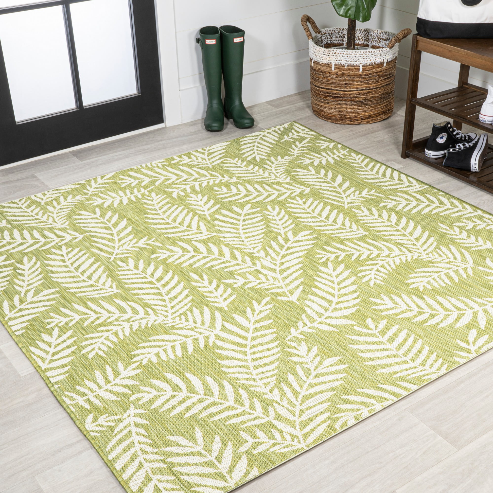 Nevis Palm Frond Green and Cream 5' Square Synthetic Rug