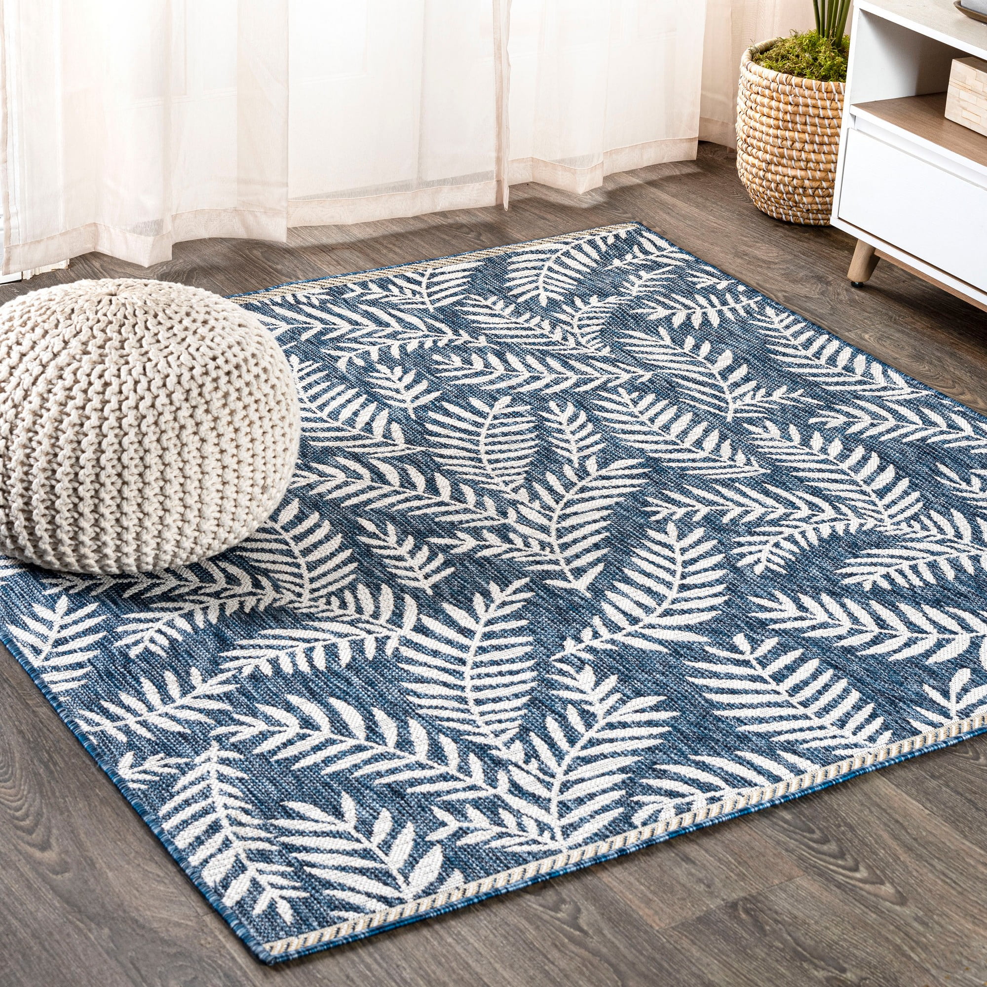 Ivory Navy Palm Frond 5' Square Reversible Outdoor Rug