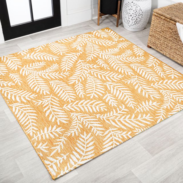 Nevis Palm Frond Yellow/Cream 5' Square Indoor/Outdoor Area Rug ...
