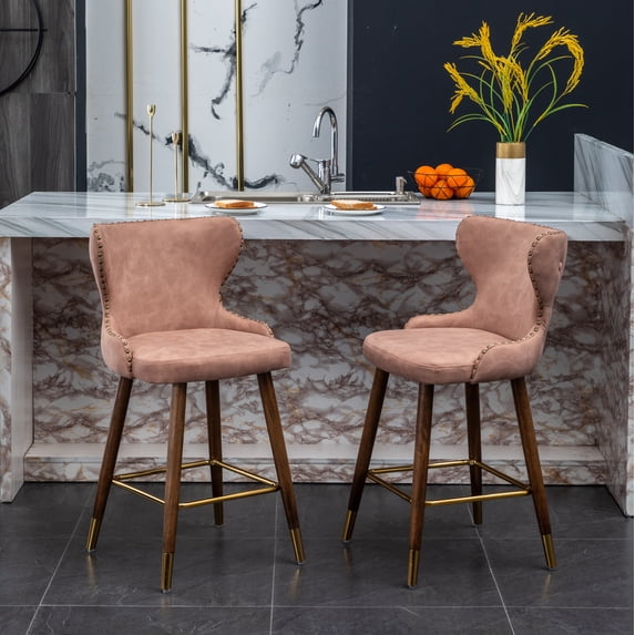 Nevis Pink Faux Leather Counter Stool Set (2), Mid-Century Modern, Tufted, Nailhead Trim, 24.5" Seat, Walnut Legs, Kitchen or Bar