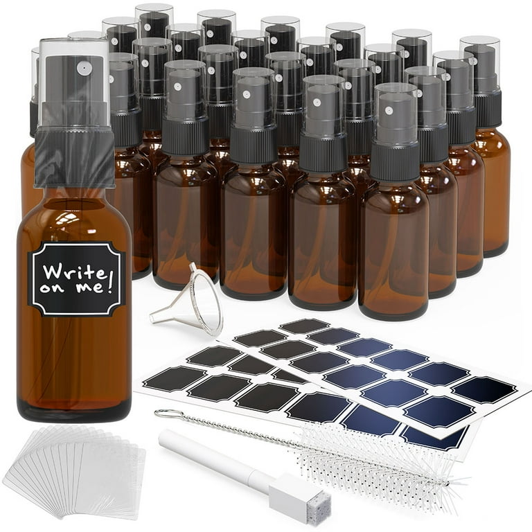 Nevlers 1 oz Amber Glass Spray Bottles Set of 24 Includes Funnel Brush and Marker
