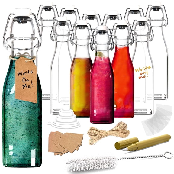 Nevlers 12 oz Square Swing Top Glass Bottles (Pack of 12) | Includes Funnel, Brush, Tags, Shrink Wrap and Marker