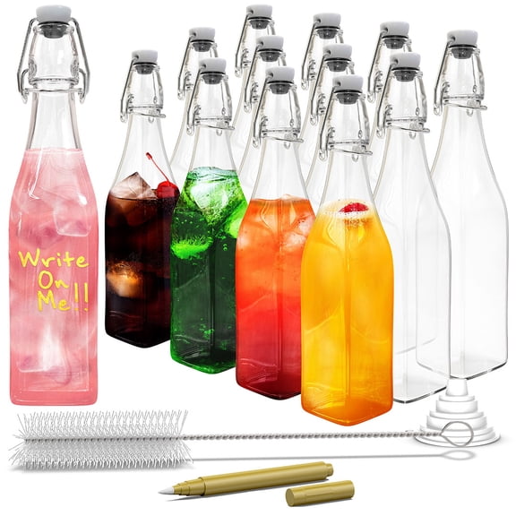 Nevlers 17 oz Square Swing Top Glass Bottles (Pack of 12) | Includes Funnel, Brush and Marker