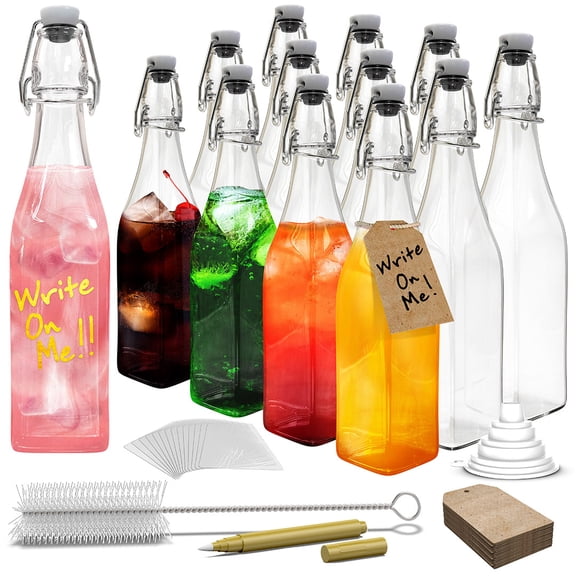 Nevlers 17 oz Square Swing Top Glass Bottles (Pack of 12) | Includes Funnel, Brush and Marker