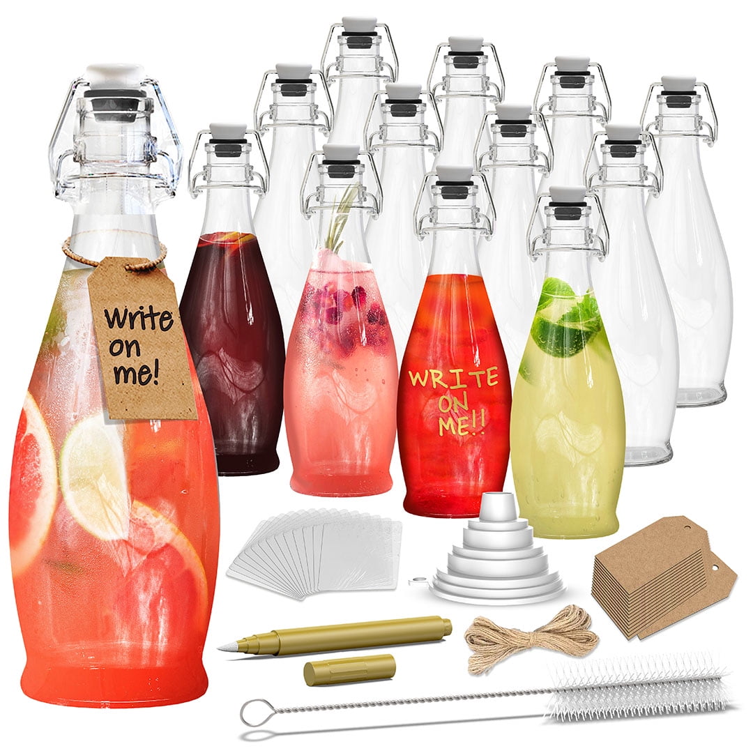 Nevlers 17 oz Teardrop Swing Top Glass Bottles (Pack of 12) | Includes Funnel, Brush, Tags, Shrink Wrap and Marker