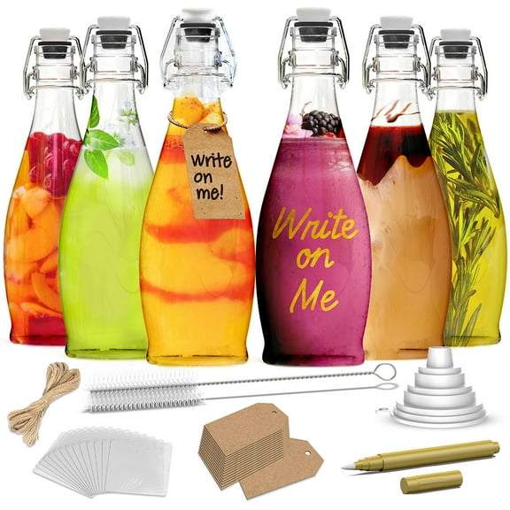 Nevlers 17 oz Teardrop Swing Top Glass Bottles (Pack of 6) | Includes Funnel, Brush, Tags, Shrink Wrap and Marker