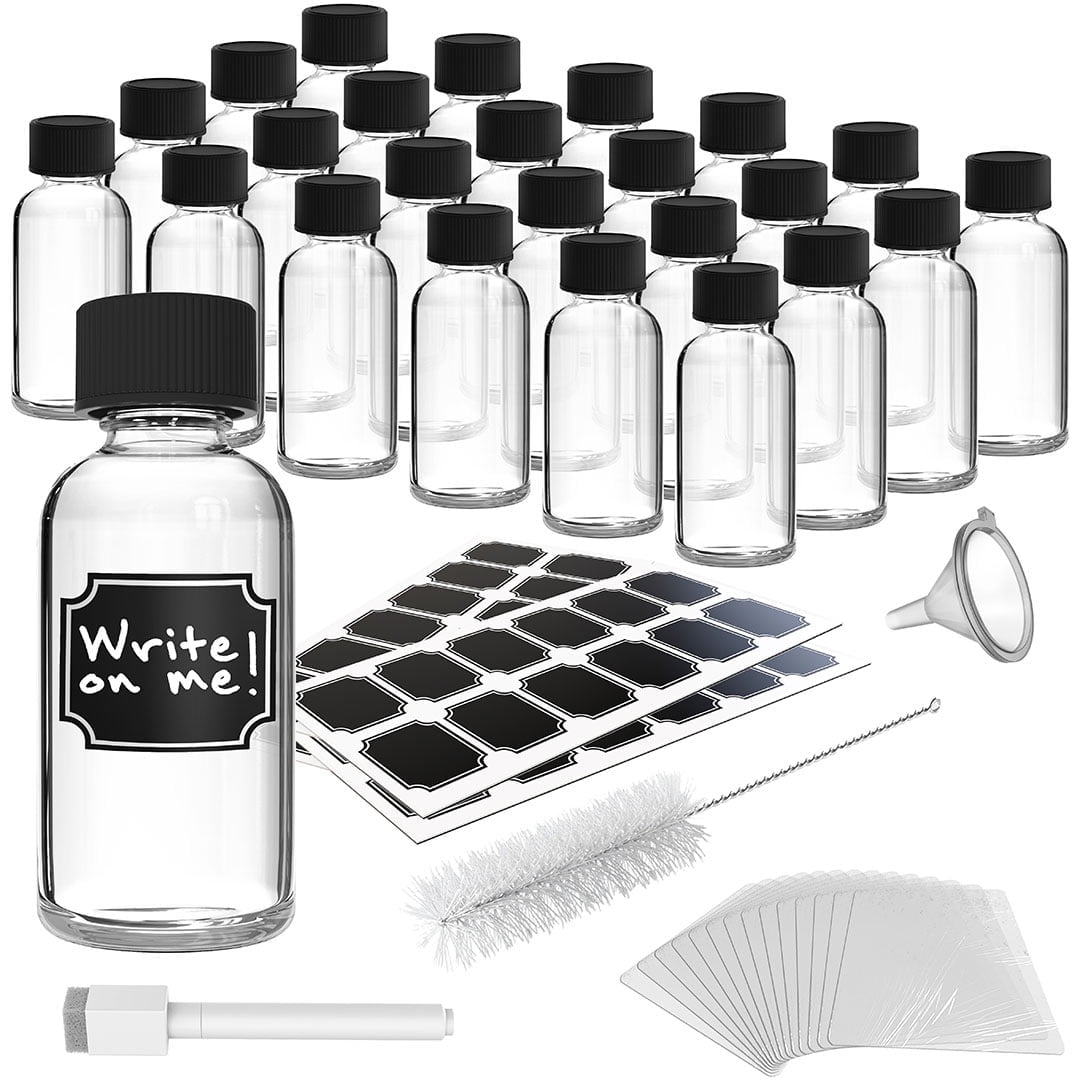 Nevlers 2 oz Boston Round Clear Glass Bottles (Set of 24) | Includes Funnel, Brush, Shrink Wrap, Labels and Marker