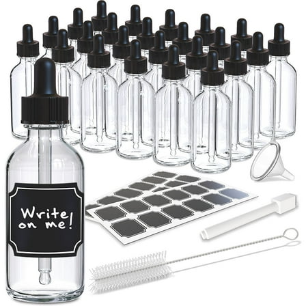 Nevlers 2 oz Clear Glass Dropper Bottle (Set of 24) | Includes Funnel, Brush and Marker