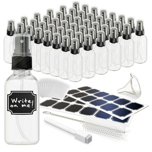 Nevlers 2 oz Clear Spray Bottles (Set of 48) | Includes Funnel, Brush and Marker