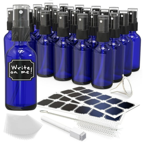 Nevlers 2 oz Cobalt Blue Glass Spray Bottles (Set of 24) | Includes Funnel, Brush, Shrink Wrap, Labels and Marker