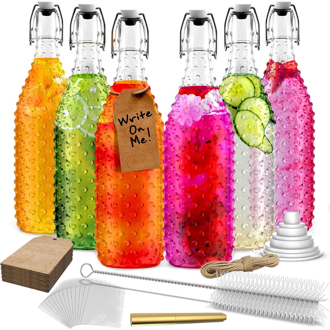 Nevlers 33 oz Dotted Swing Top Bottles (Pack of 6) | Includes Funnel, Brush, Marker, Tags and Shrink Wrap