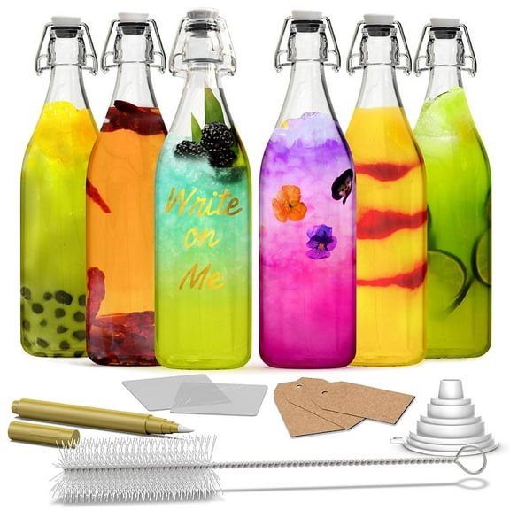 Nevlers 33 oz Round Swing Top Glass Bottles (Pack of 6) | Includes Funnel, Brush and Marker
