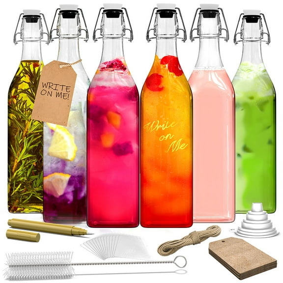 Nevlers 33 oz Square Swing Top Glass Bottles (Pack of 6) | Includes Funnel, Brush, Tags, Shrink Wrap and Marker