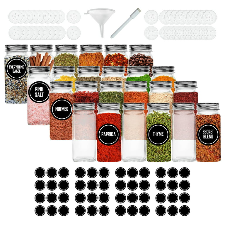 Nevlers 4 oz. Glass Spice Jar Set (24 Pack) | Herb Container Set: Square Spice Jars , Airtight Metal Covers and Other Accessories, Clear