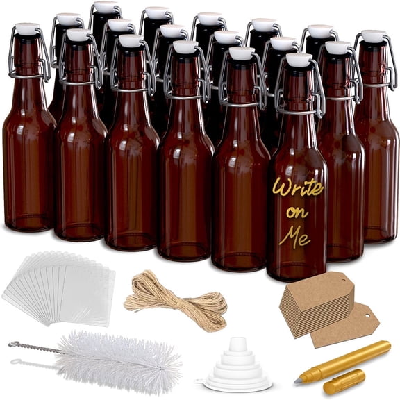 Nevlers 8.5 oz Amber Swing Top Glass Beer Bottles (Pack of 18) | Includes Funnel, Brush and Marker