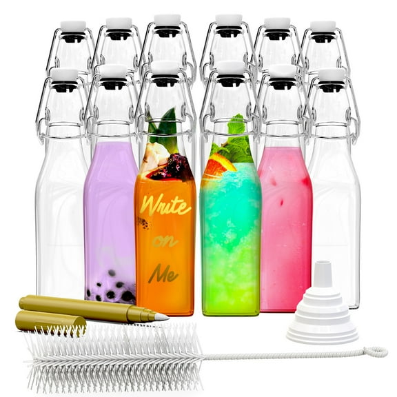 Nevlers 8.5 oz Square Swing Top Glass Bottles (Pack of 12) | Includes Funnel, Brush and Marker