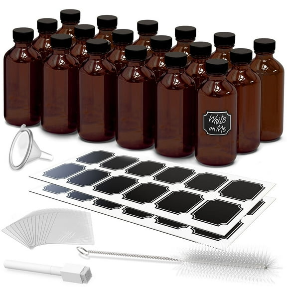 Nevlers 8 oz Boston Round Amber Glass Bottles (Set of 18) | Includes Shrink Wrap, Funnel, Brush, Marker and Labels