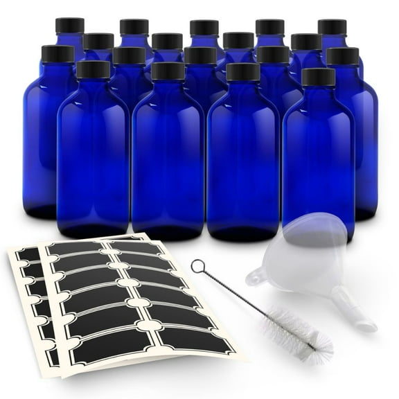 Nevlers 8 oz Boston Round Cobalt Blue Glass Bottles (Set of 18) | Includes Funnel, Brush and Marker
