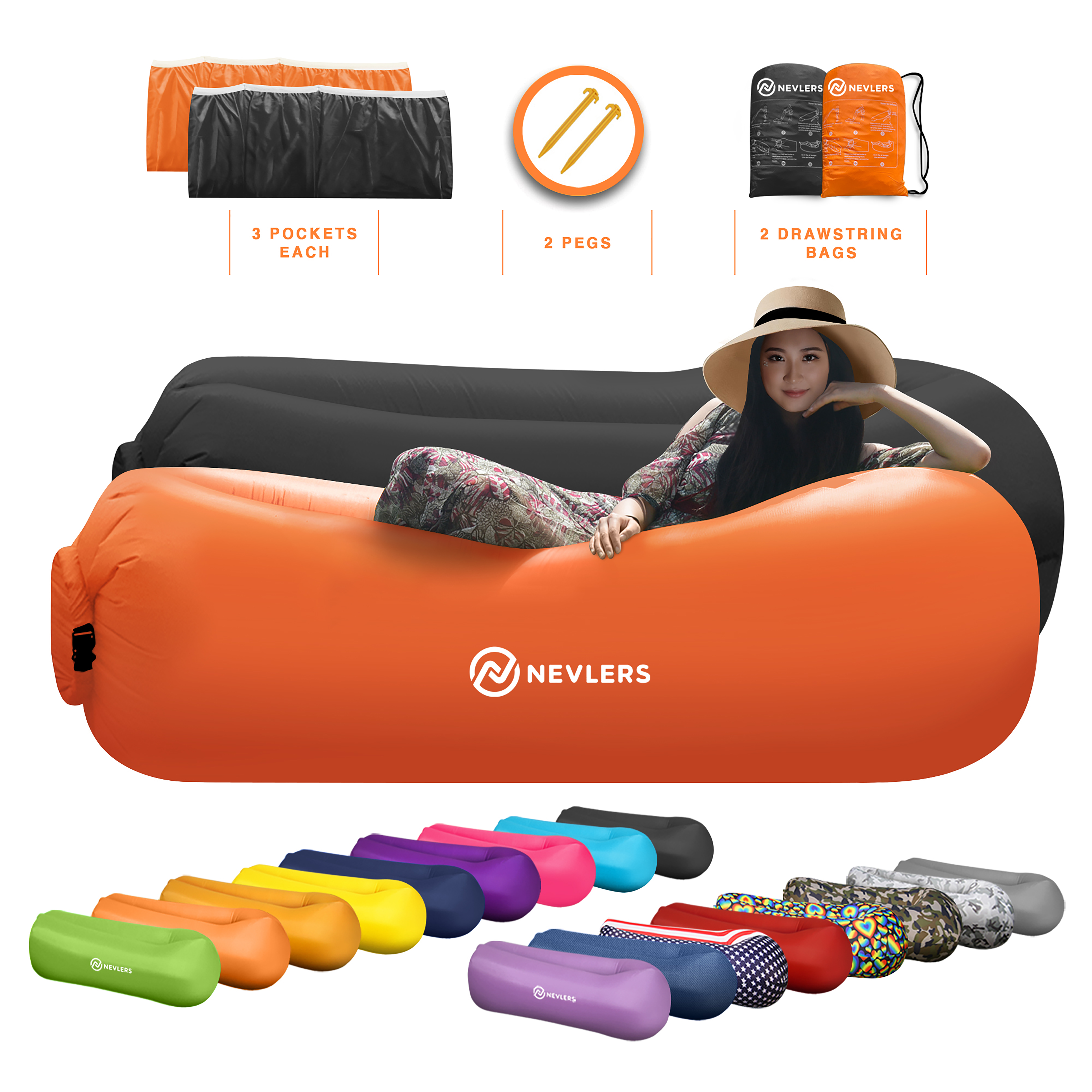 Nevlers Black & Orange Inflatable Loungers Portable Air Sofa with