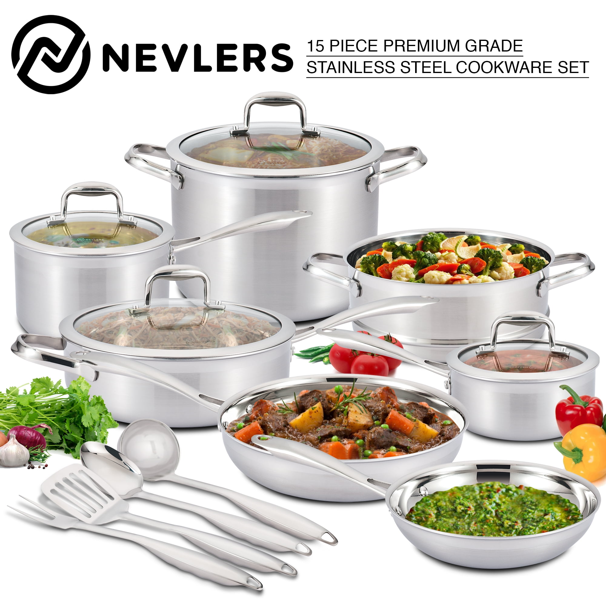 Nevlers 3 Piece Premium Heavy Duty Stainless Steel Steamer Pot Set
