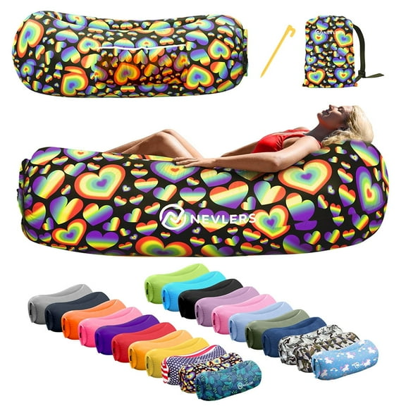 Nevlers Rainbow Heart Inflatable Lounger with Travel Bag and Pockets