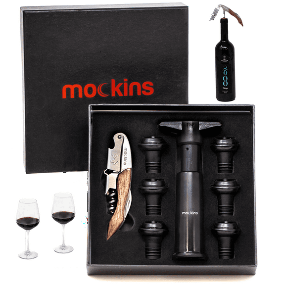 Nevlers Wine Pump Set | Wine Saver Vacuum Pump, 6 Stoppers & 3-in-1 Steel Corkscrew Opener