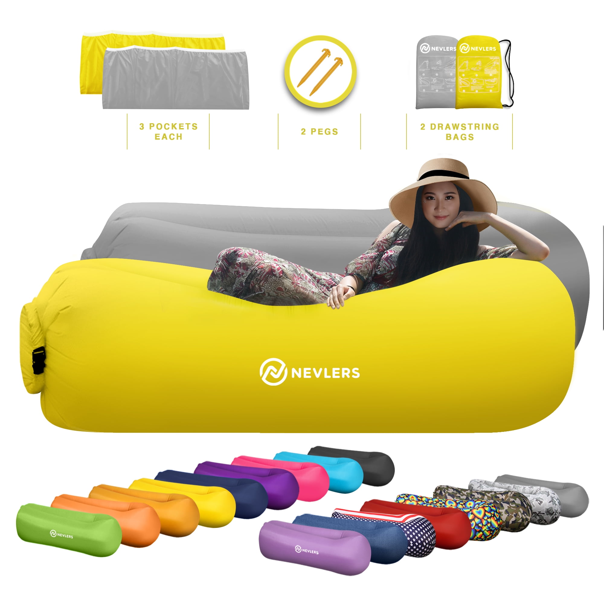 Nevlers Yellow and Gray Inflatable Lounger 2-Pack with Travel Bags and ...